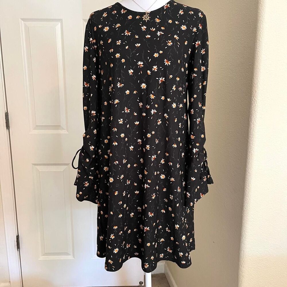 Mango Black and white daisy mini dress with long bell sleeves - size XS